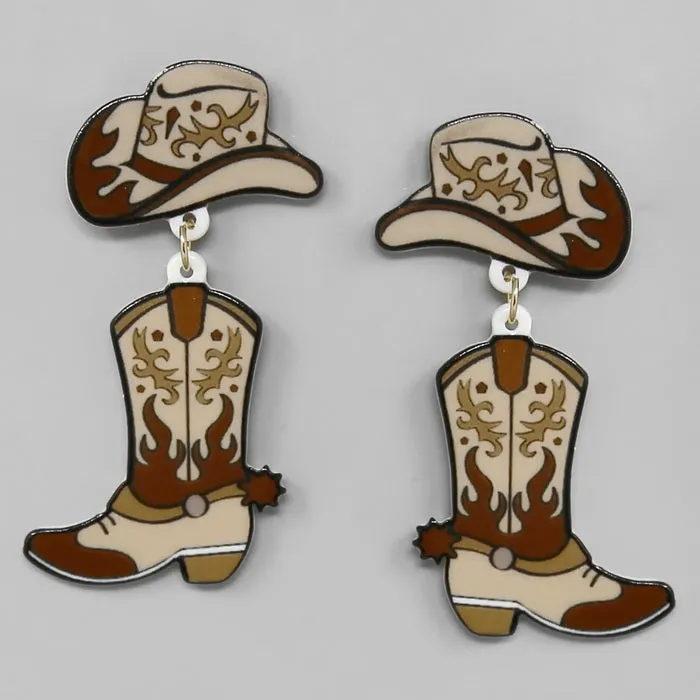 Cowgirl Hat & Boot Acrylic Drop Earrings