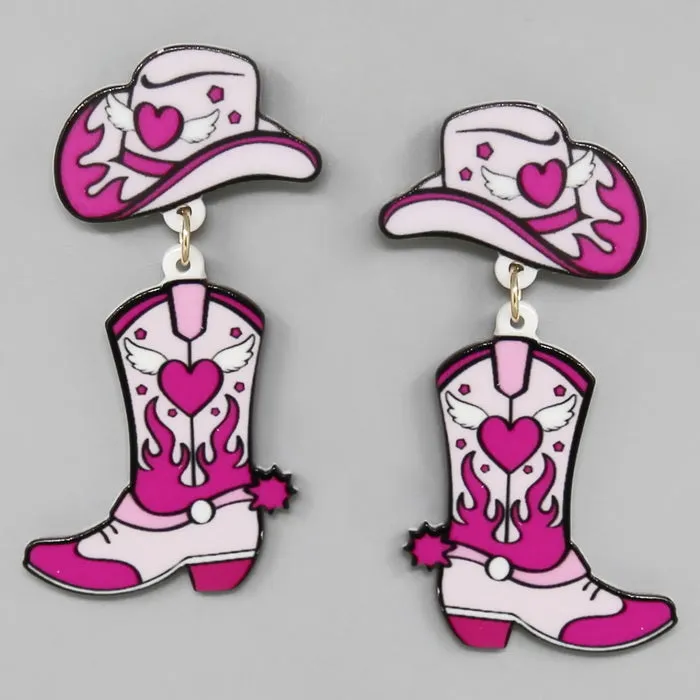 Cowgirl Hat & Boot Acrylic Drop Earrings