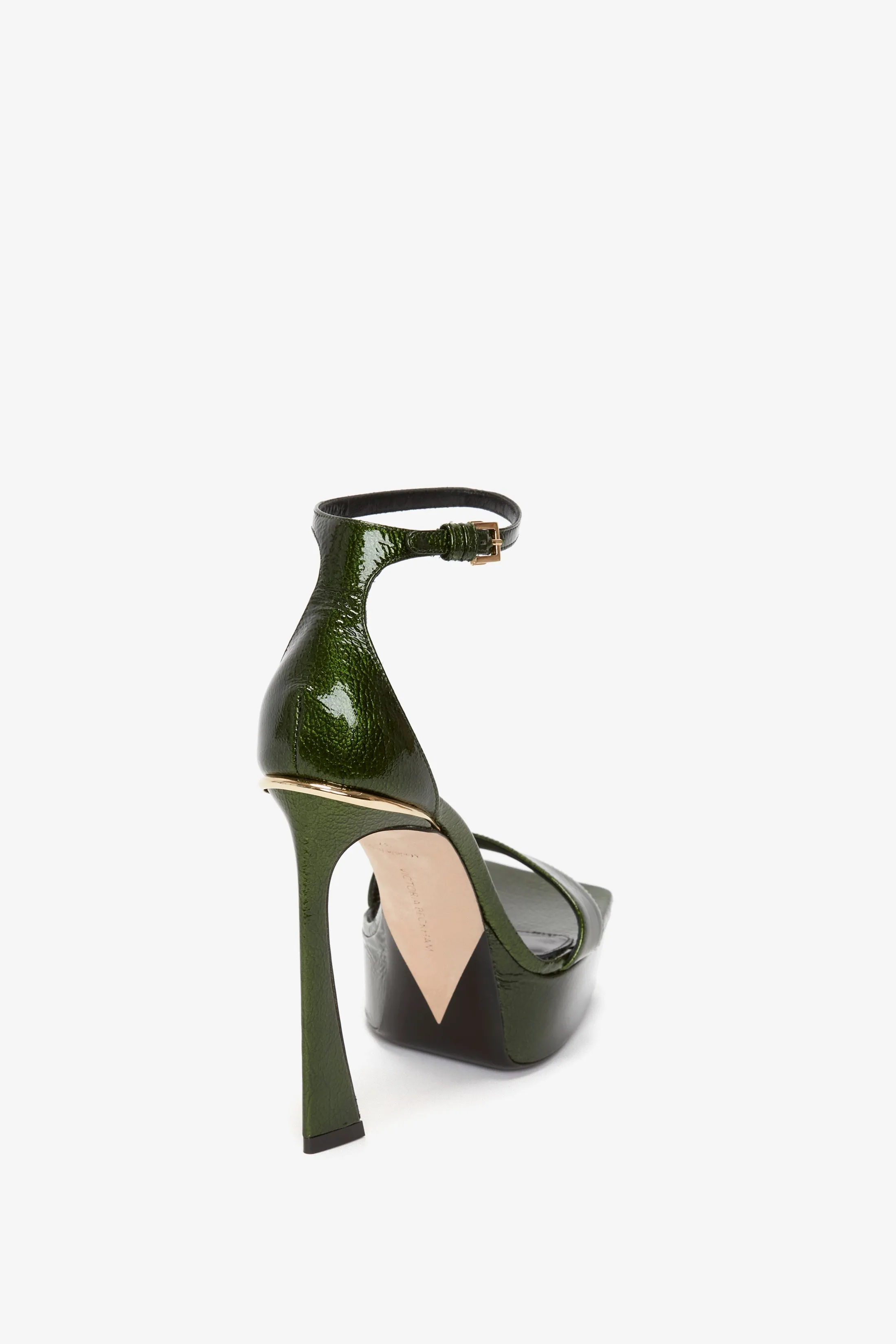 Squared Toe Platform Sandal in Green Grained Patent