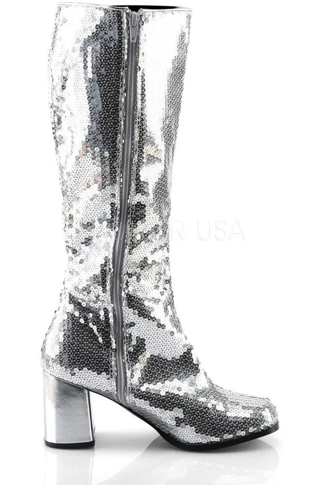 SS-SPECTACUL-300SQ Knee Boot | Silver Sequins