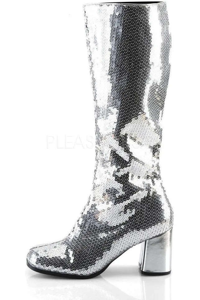 SS-SPECTACUL-300SQ Knee Boot | Silver Sequins