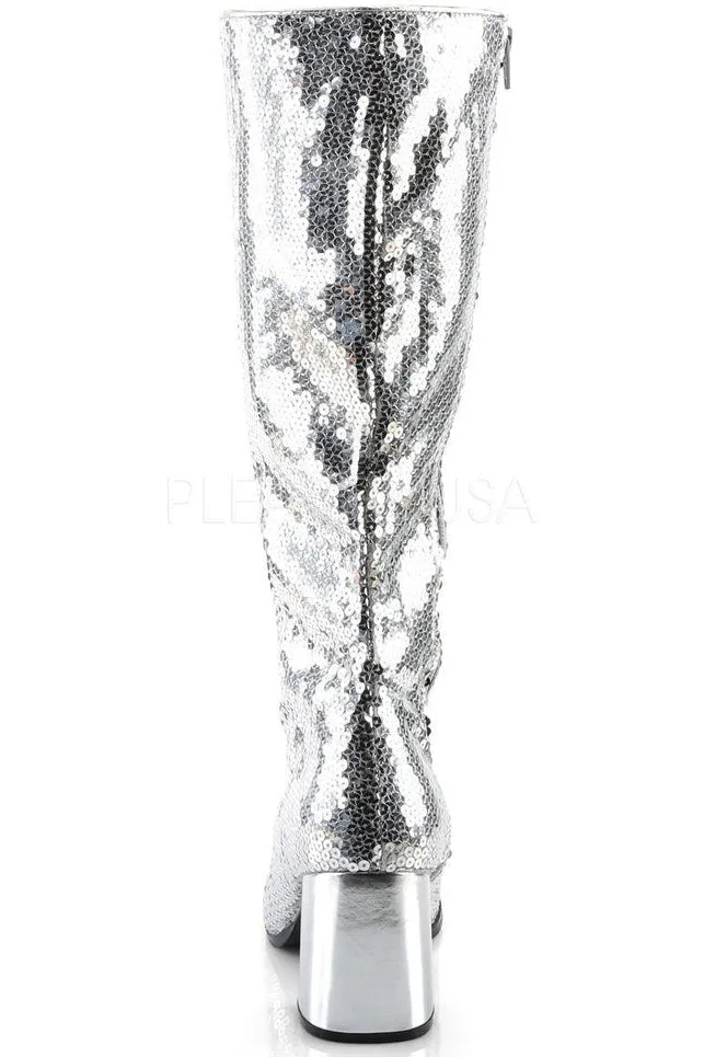 SS-SPECTACUL-300SQ Knee Boot | Silver Sequins