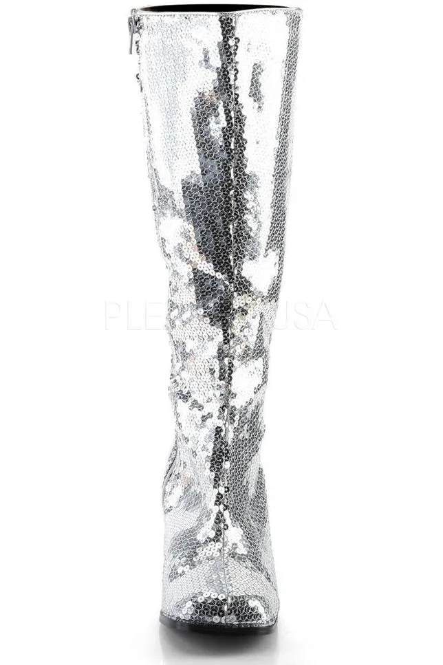 SS-SPECTACUL-300SQ Knee Boot | Silver Sequins