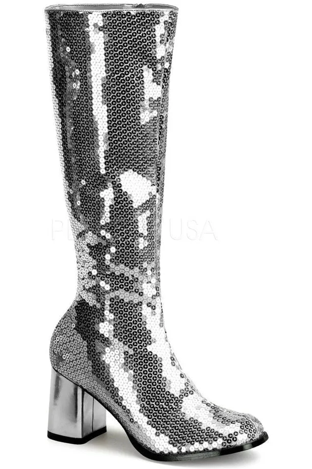 SS-SPECTACUL-300SQ Knee Boot | Silver Sequins