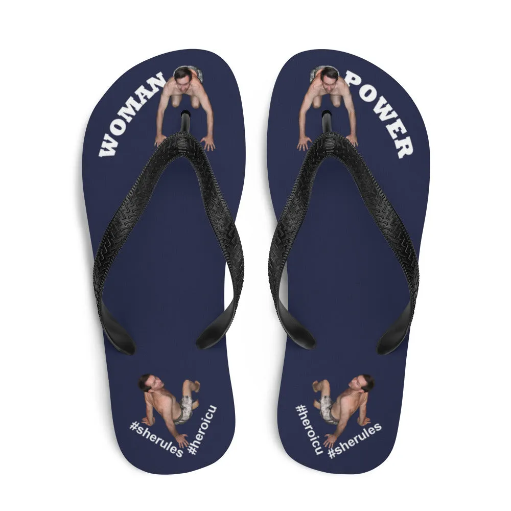 Woman Power Fabric Top Flip Flop Sandal Has Men Bow To Your Toes Midnight Blue Color with White Letters (NEW 2023-04)